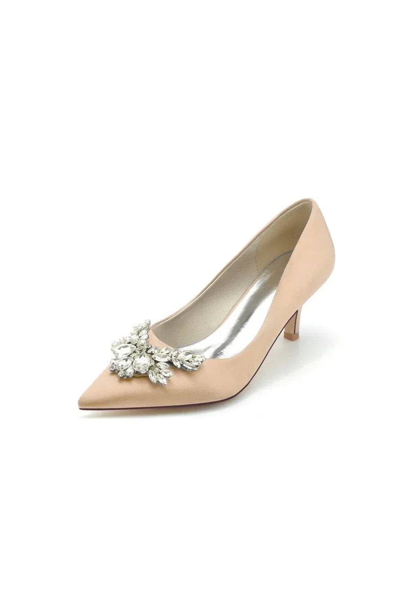 Rhinestone Pointed Toe Satin Kitten Heels