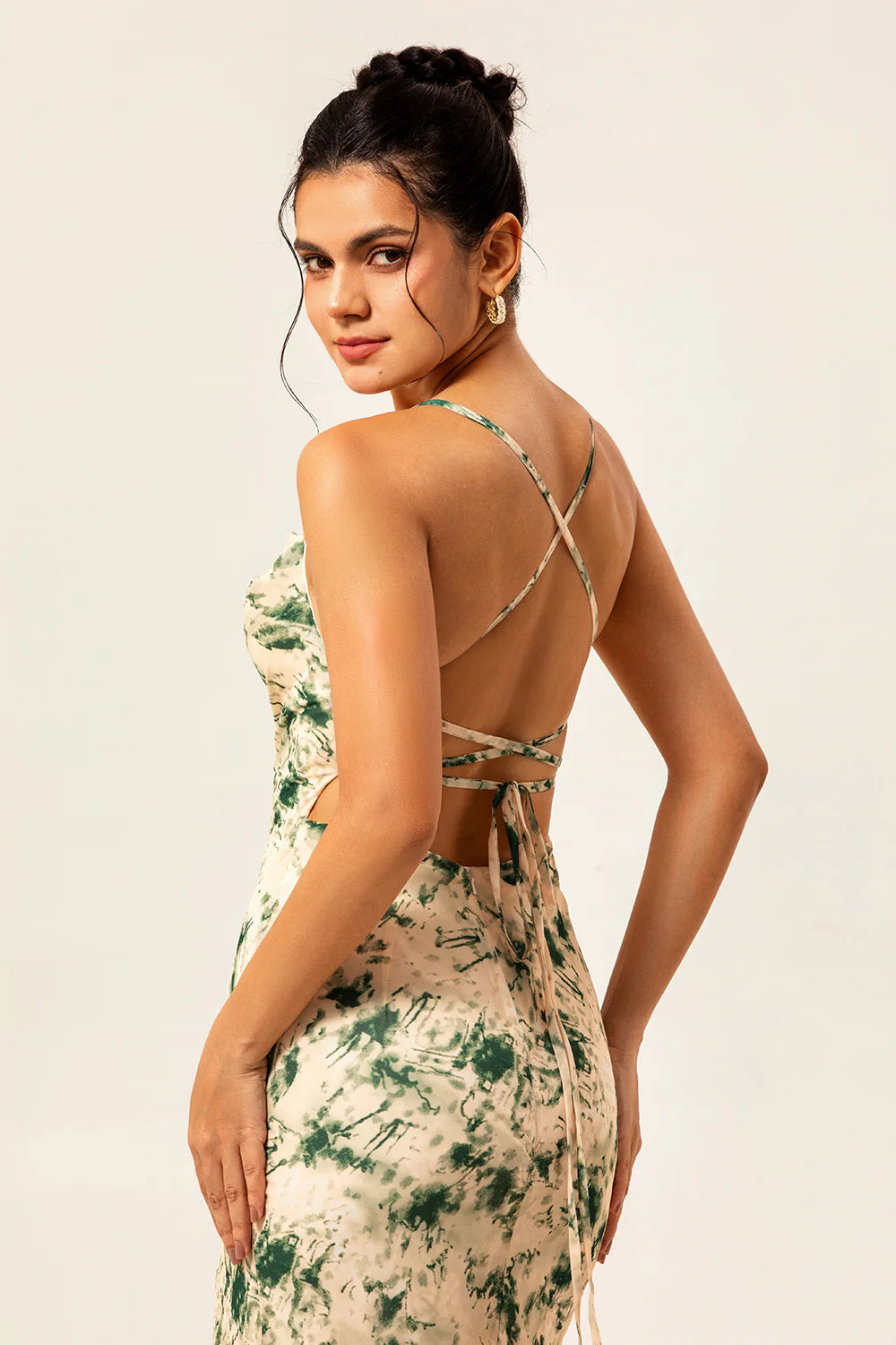 Champagne Sheath Backless Print Floral Long Bridesmaid Dress with Slit