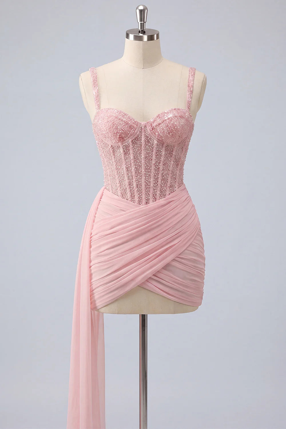 Pink Bodycon Ruched Beaded Corset Homecoming Dress with Sash