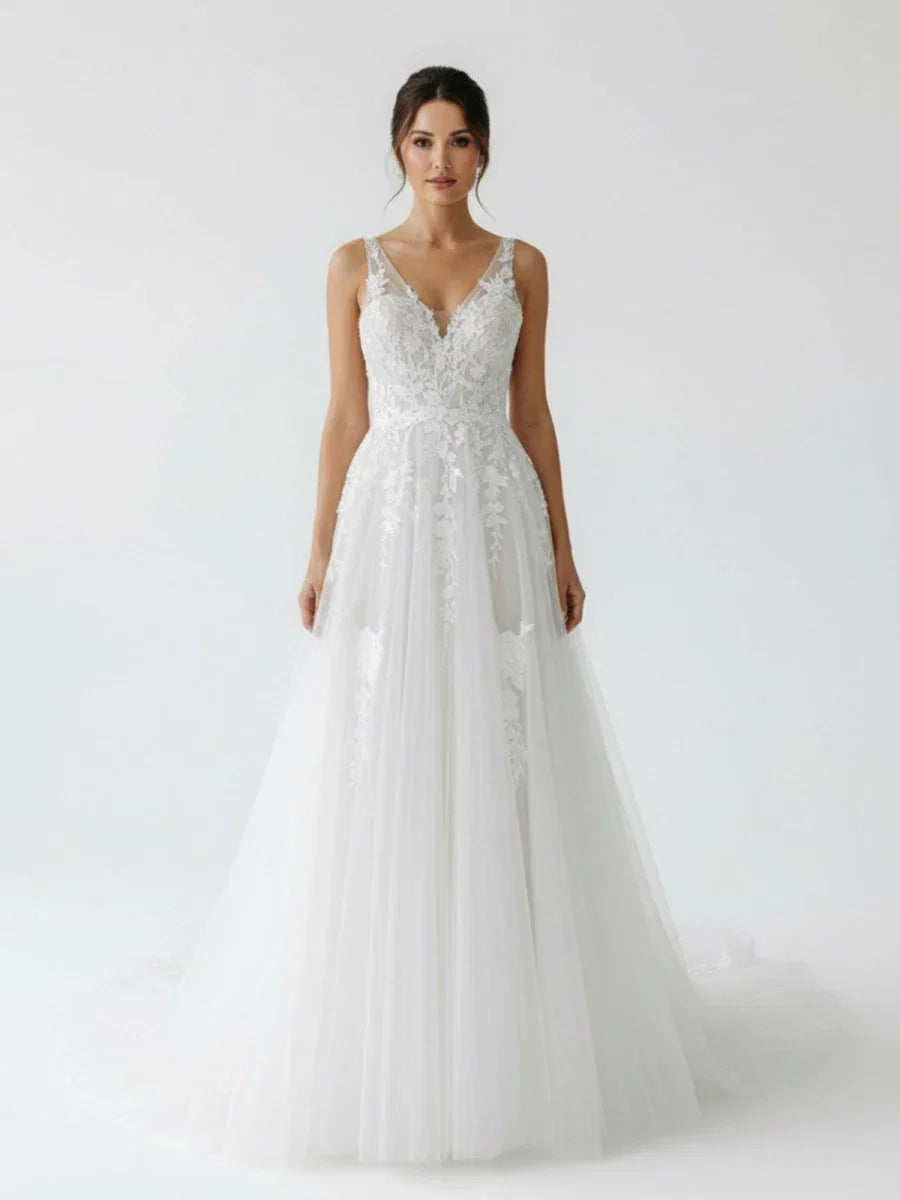 A Line V Back Long White Wedding Dress with Lace Appliqued
