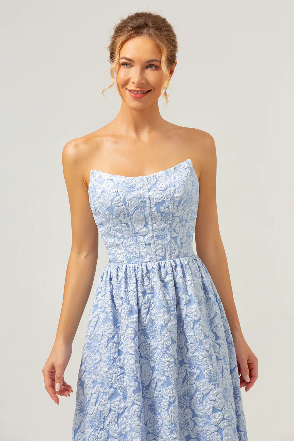 Blue A Line Strapless Brocade High Low Floral Bridesmaid Dress