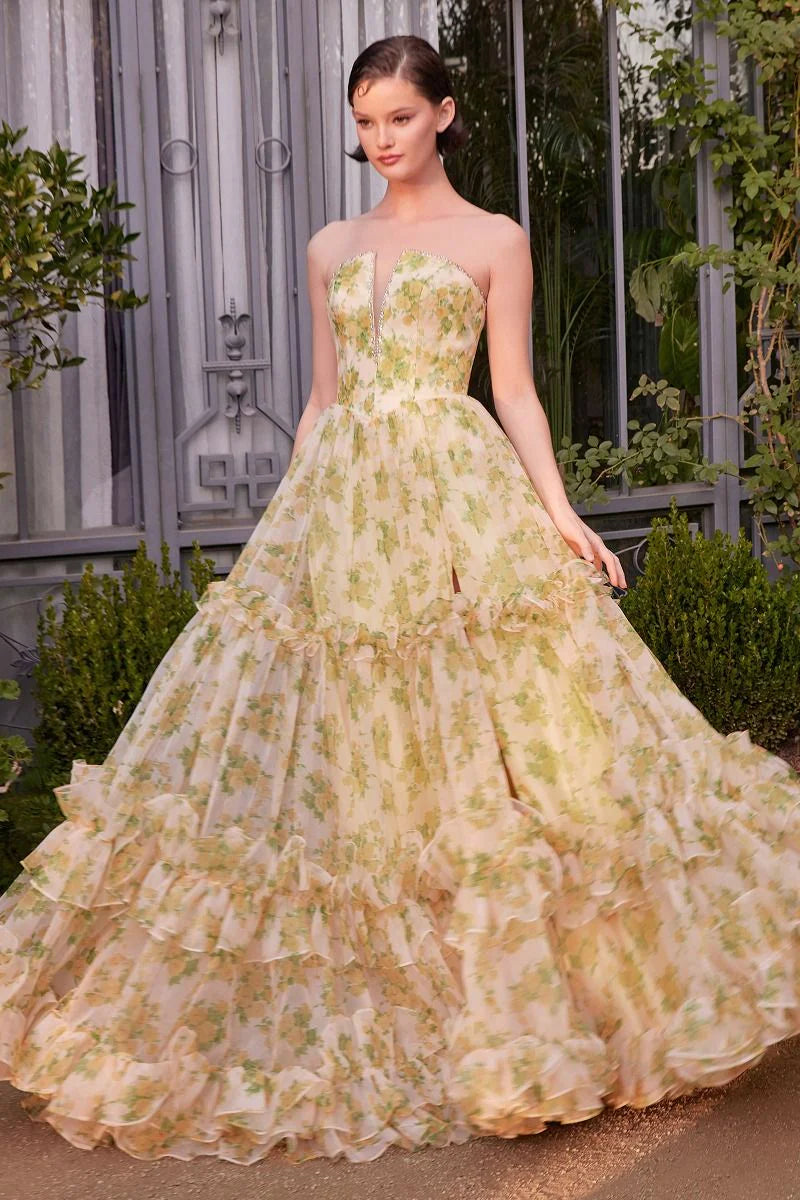 A1430 STRAPLESS FLORAL PRINTED BALL GOWN Andrea Leo