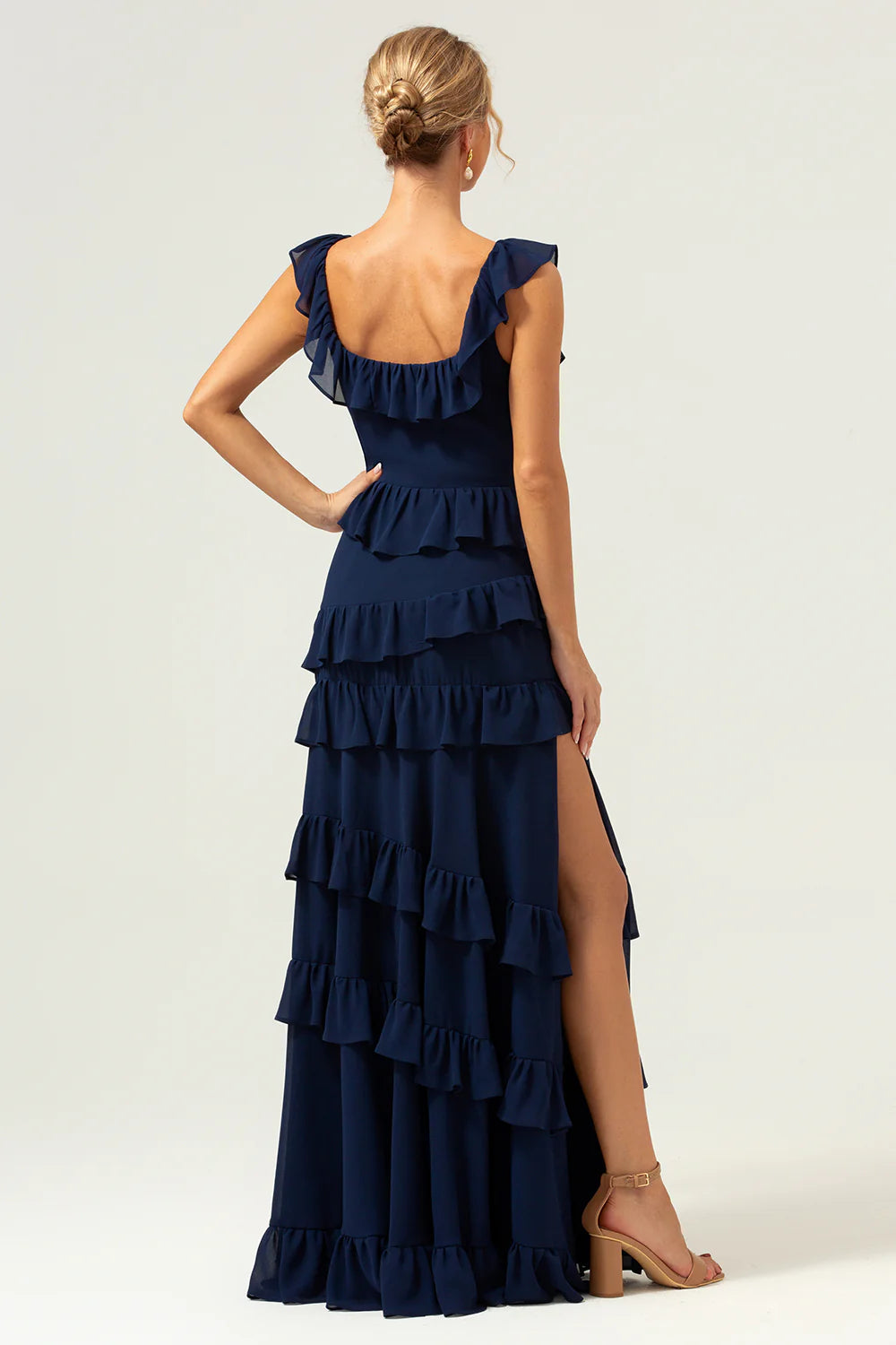Dark Navy A Line Square Neck Tiered Long Bridesmaid Dress