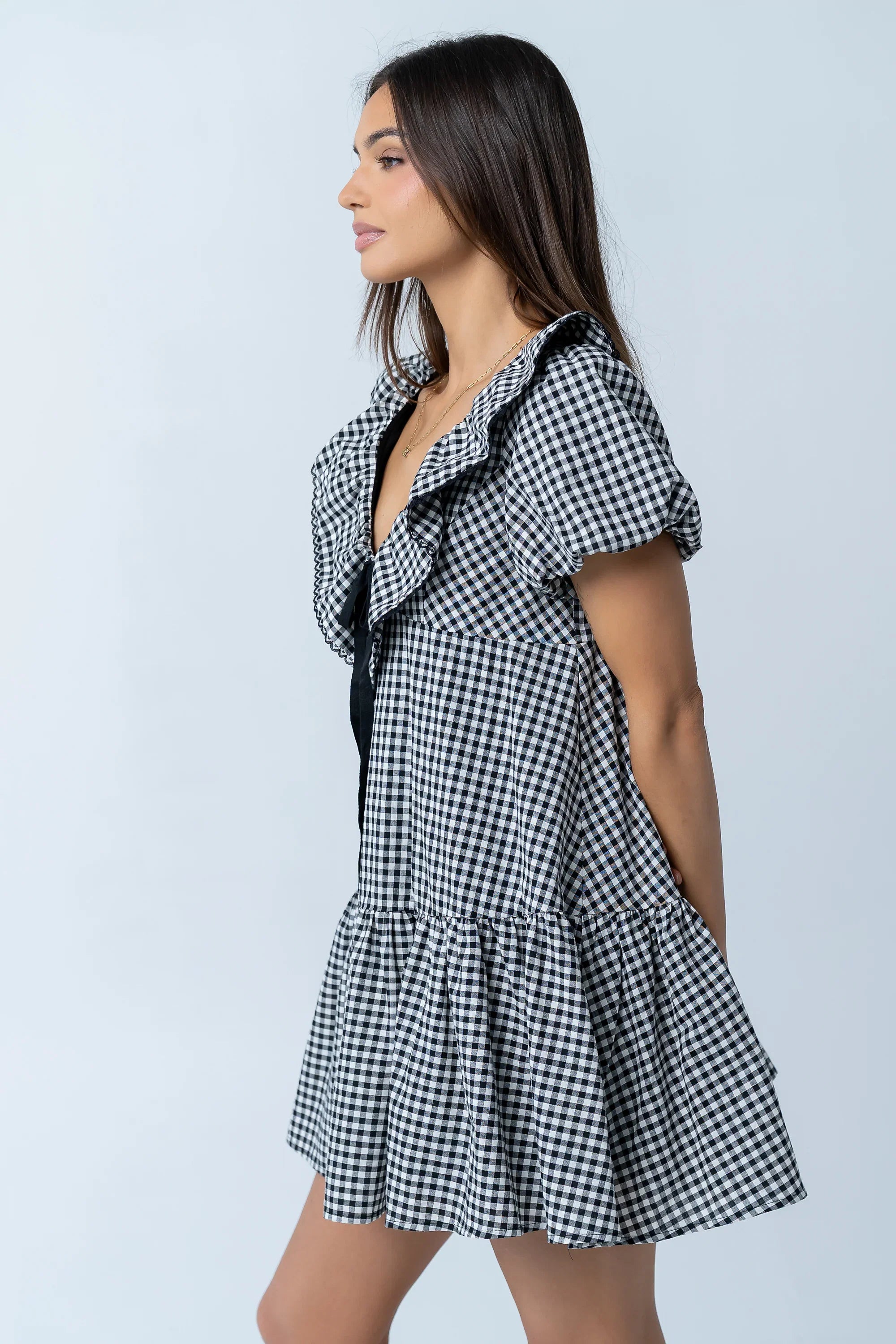 Tony Gingham Baby Doll Dress in Black
