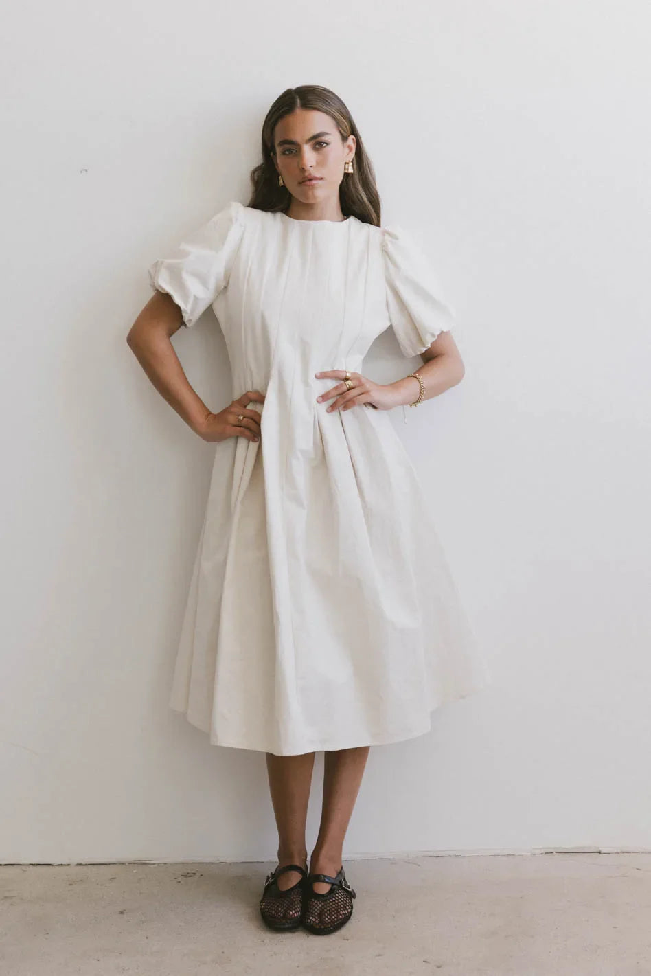 Eliana Pleated Midi Dress in Cream FINAL SALE