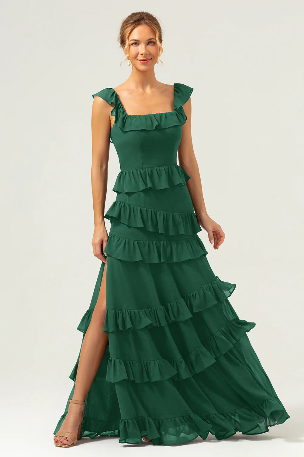 Dark Navy A Line Square Neck Tiered Long Bridesmaid Dress