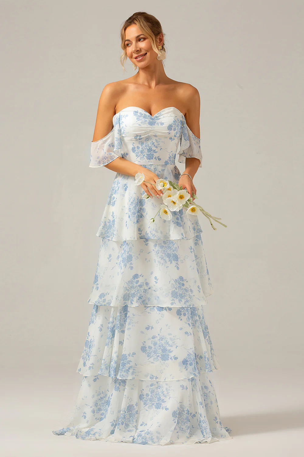 White Blue Floral A Line Off The Shoulder Tiered Print Bridesmaid Dress