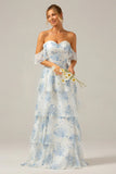 White Blue Floral A Line Off The Shoulder Tiered Print Bridesmaid Dress