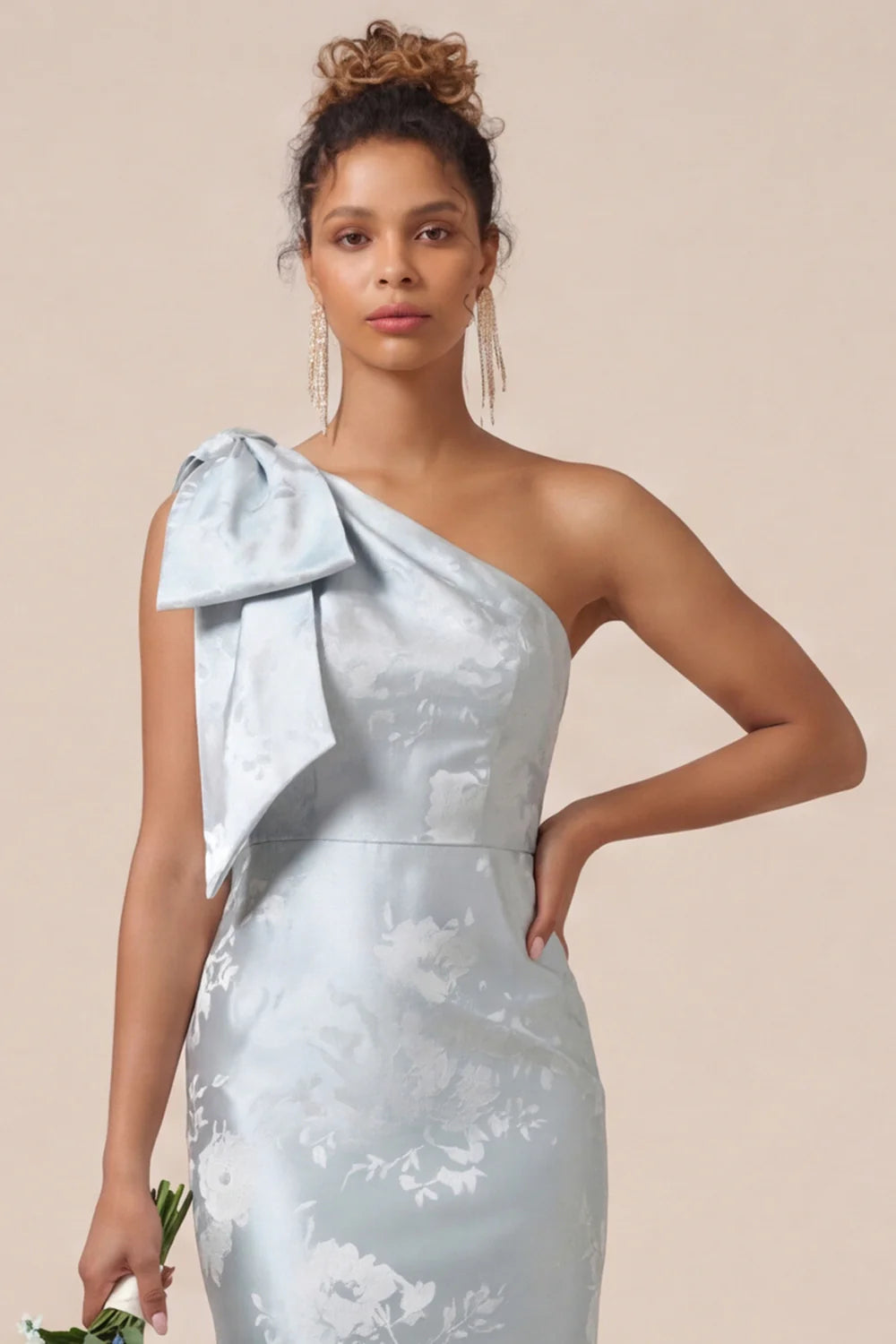 Blush Pink Mermaid One Shoulder Floral Long Bridesmaid Dress with Bow
