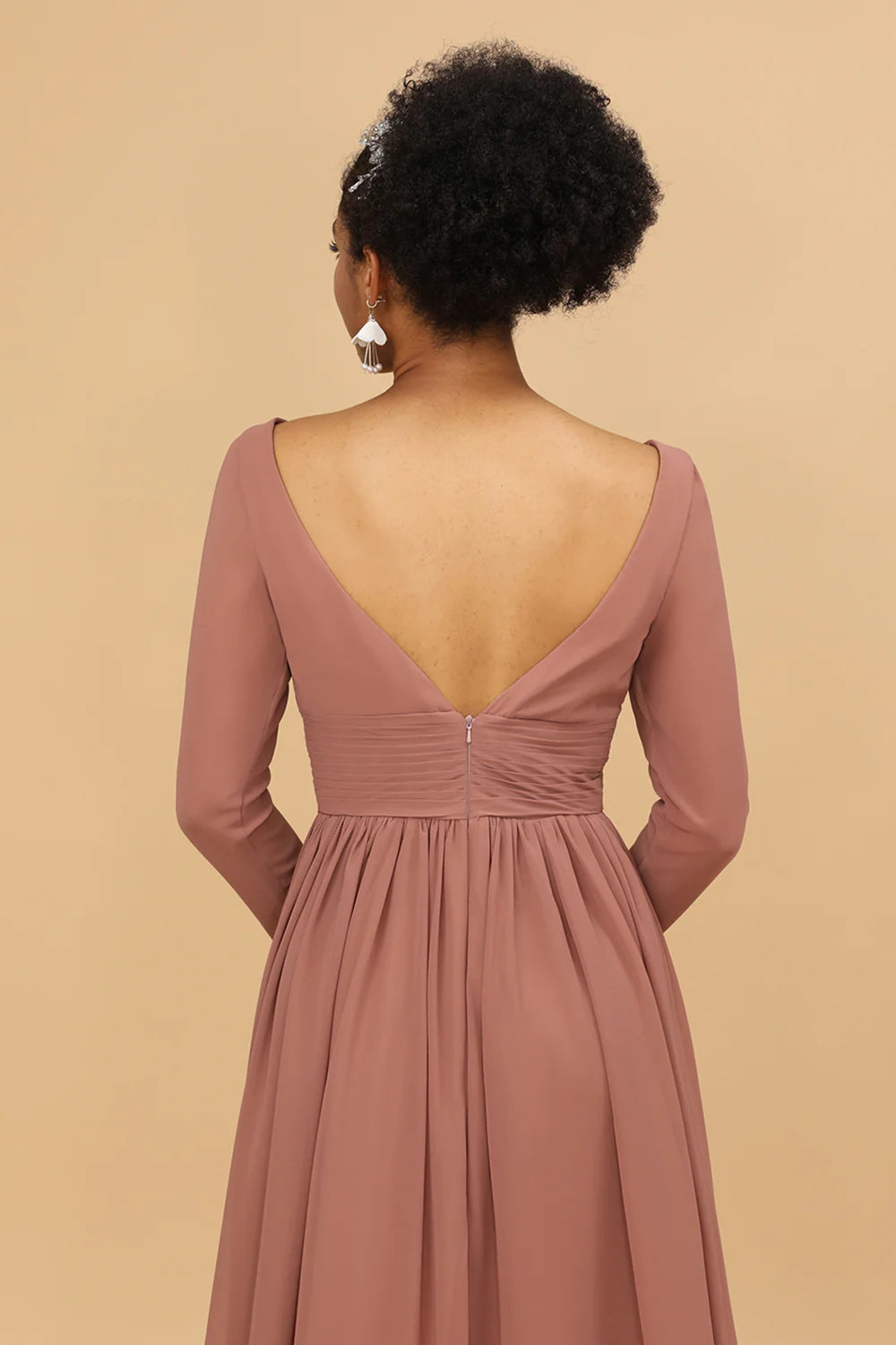 Blush V Neck Long Sleeves Chiffon Bridesmaid Dress with Slit