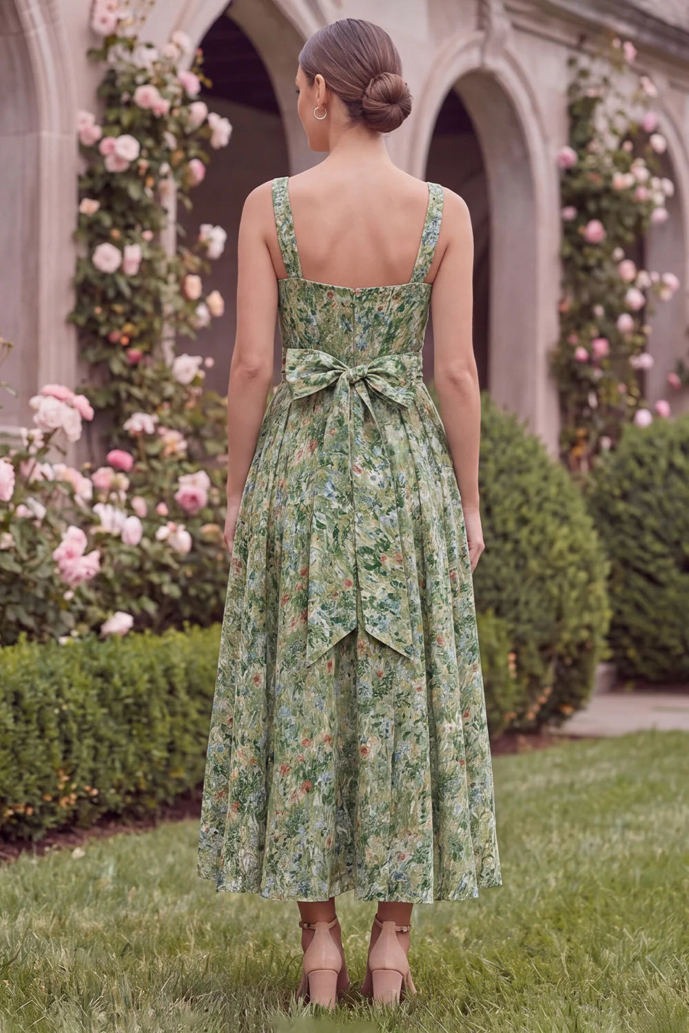 Sage Flower A Line Square Neck Wedding Guest Dress with Bow