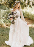 Long Bohemian Wedding Dresses Illusion Sleeves V Neck Back