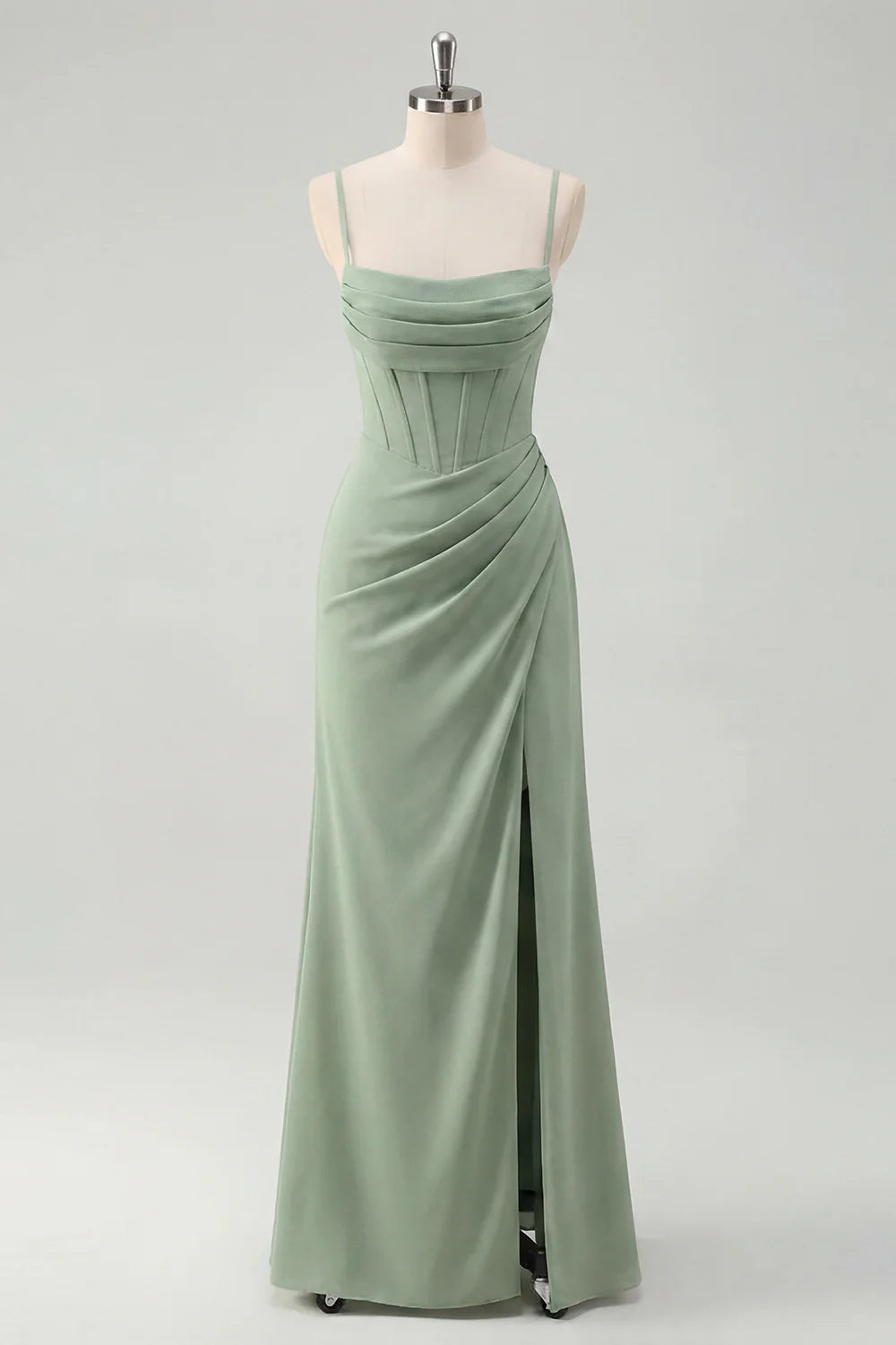 Sage Mermaid Corset Ruched Spaghetti Straps Bridesmaid Dress with Slit