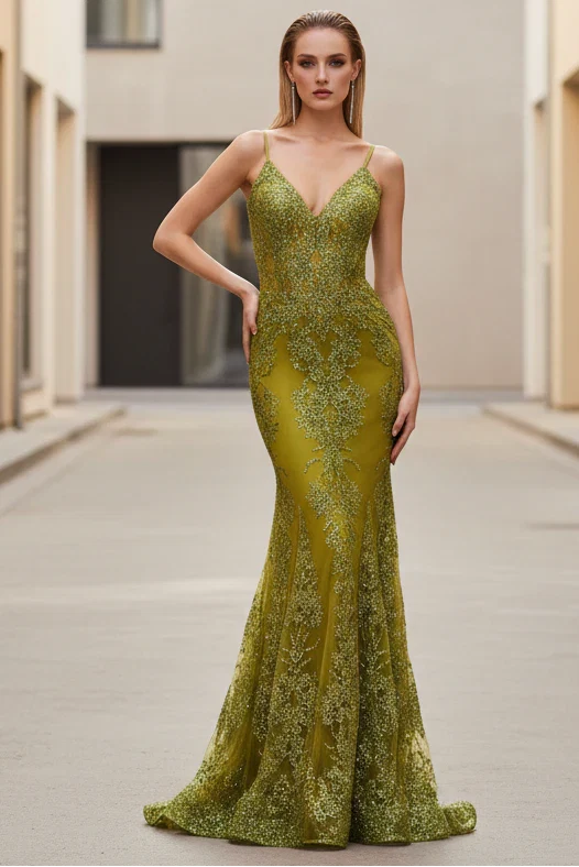 Lyra Gown Greenery FITTED FLORAL GLITTER PRINT CORSET GOWN