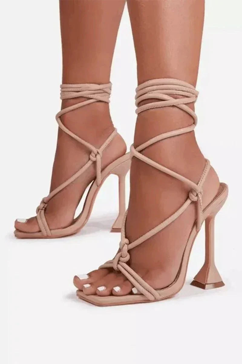 Square Open Toe Tie Up Ankle Strap Stiletto Heels