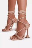 Square Open Toe Tie Up Ankle Strap Stiletto Heels