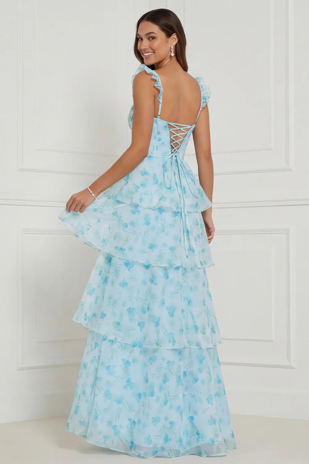 Blue Flower A Line Spaghetti Straps Tiered Floor Length Dress with Slit