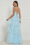 Blue Flower A Line Spaghetti Straps Tiered Floor Length Dress with Slit