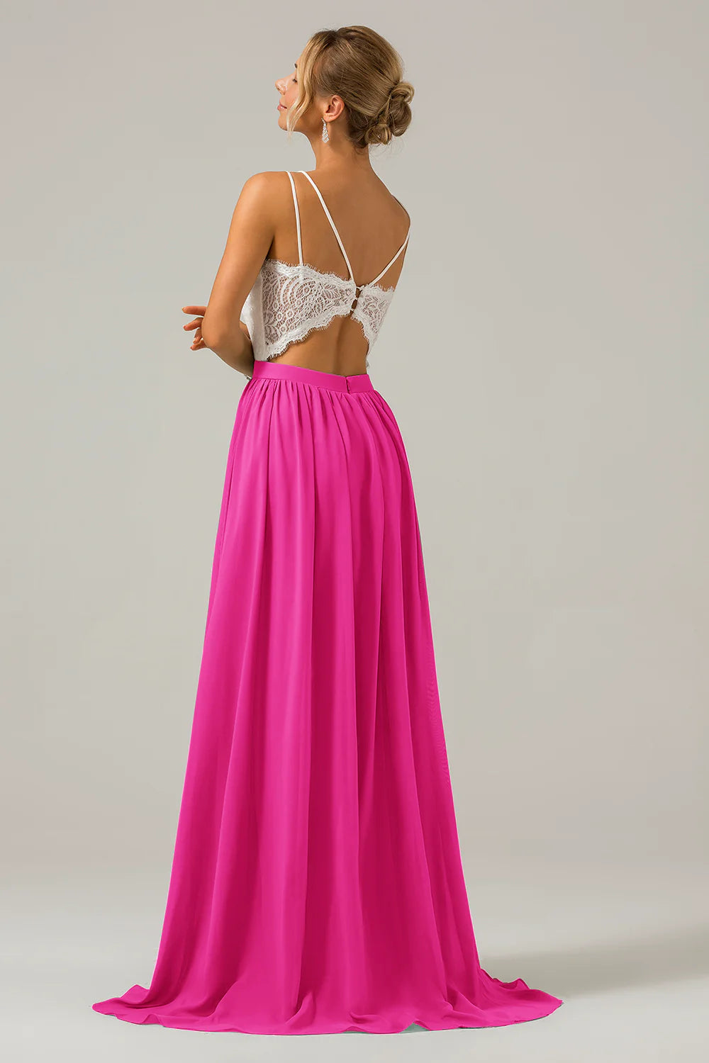 A Line Spaghetti Straps Pleated Long Bridesmaid Dress With Lace