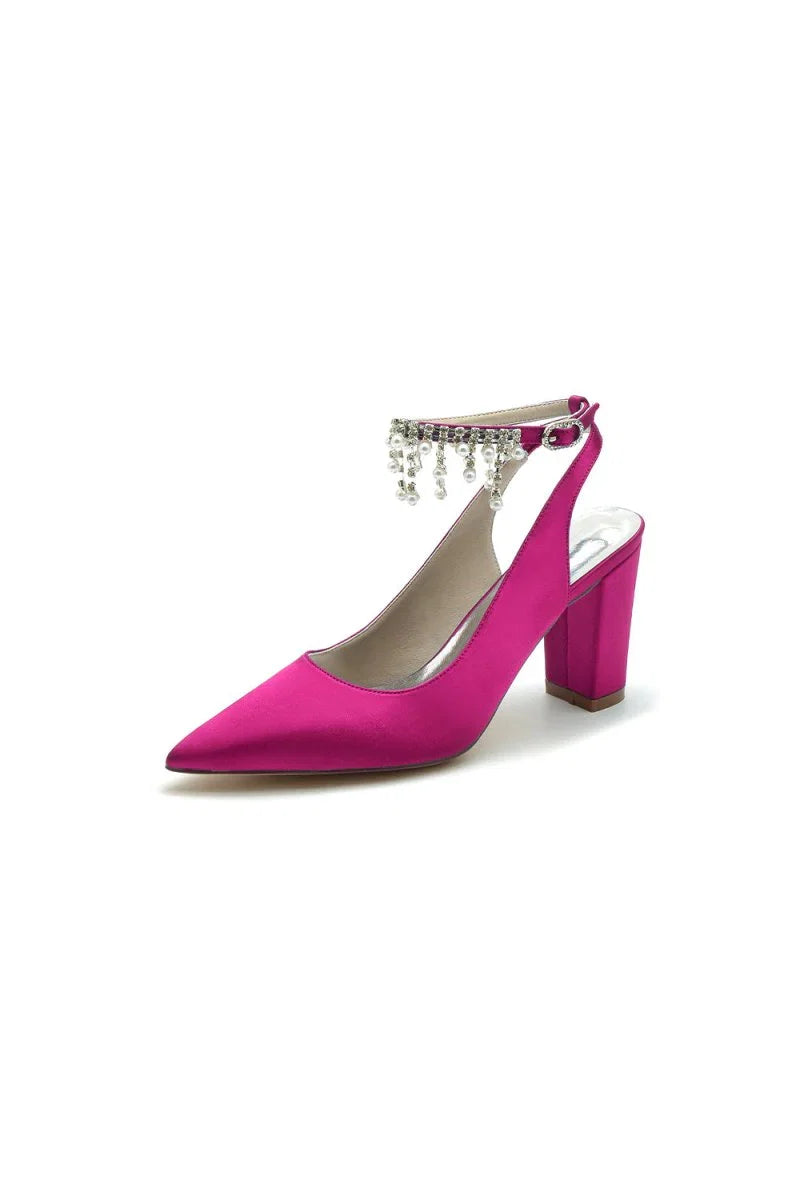 Pointed Toe Satin Chunky Heels With Pearl Tassel