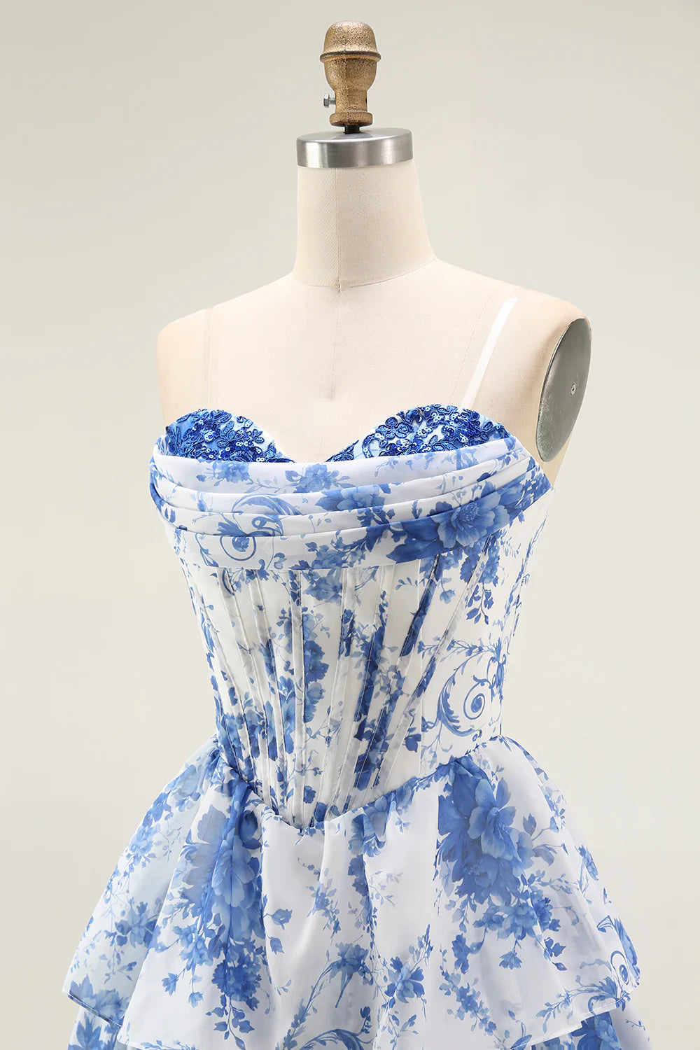 Strapless White Blue Flower A Line Corset Mini Homecoming Dress with Ruffles