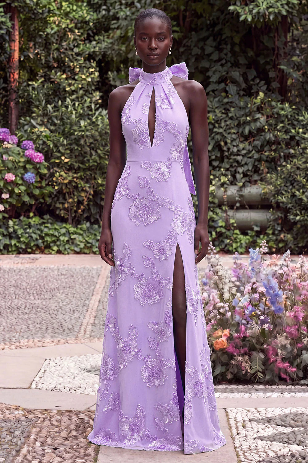 Halter Blue Mermaid Floral Embroidery Bow Keyhole Maxi Dress with Slit