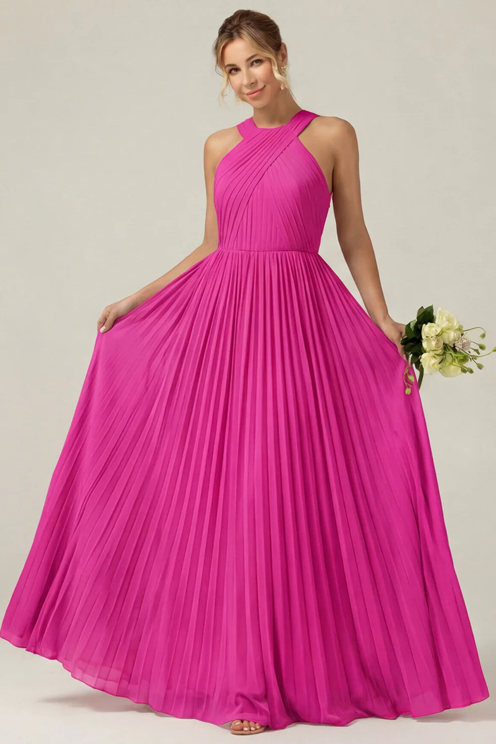 Dusty Sage A Line Halter Pleated Long Bridesmaid Dress