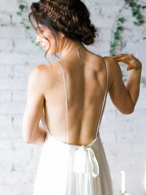 A Line V Neck Straps Spaghetti Sheath Chiffon Wedding Dress