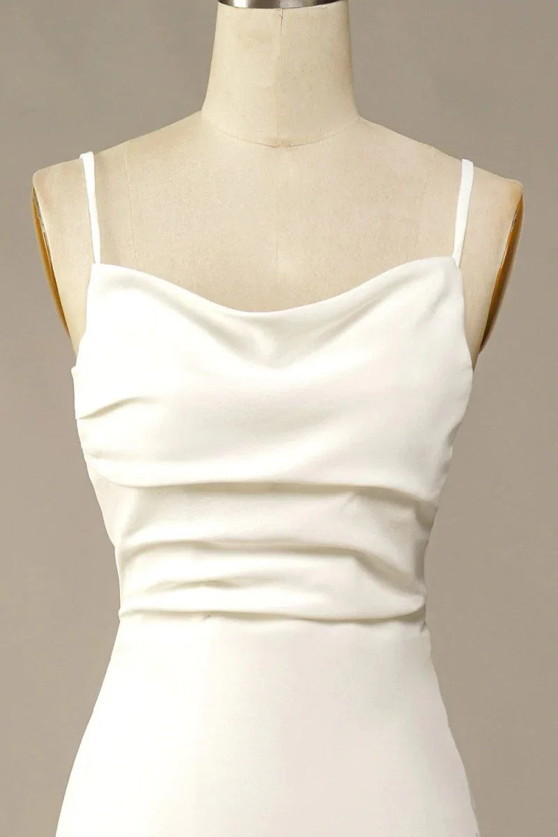 Simple Spaghetti Straps Long Soft Satin Ivory Mermaid Beach Wedding Dresses