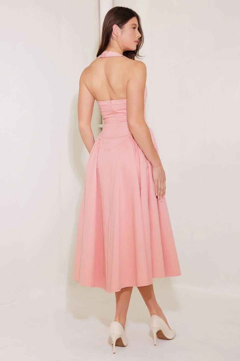 CAUGHT IN THE RAIN HALTER MIDI DRESS SOFT PINK