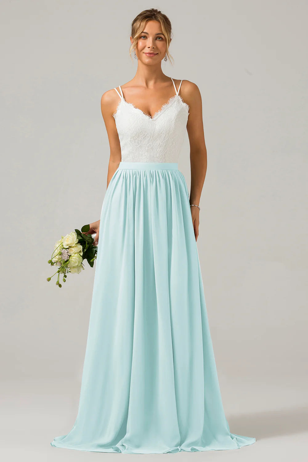 A Line Spaghetti Straps Pleated Long Bridesmaid Dress With Lace