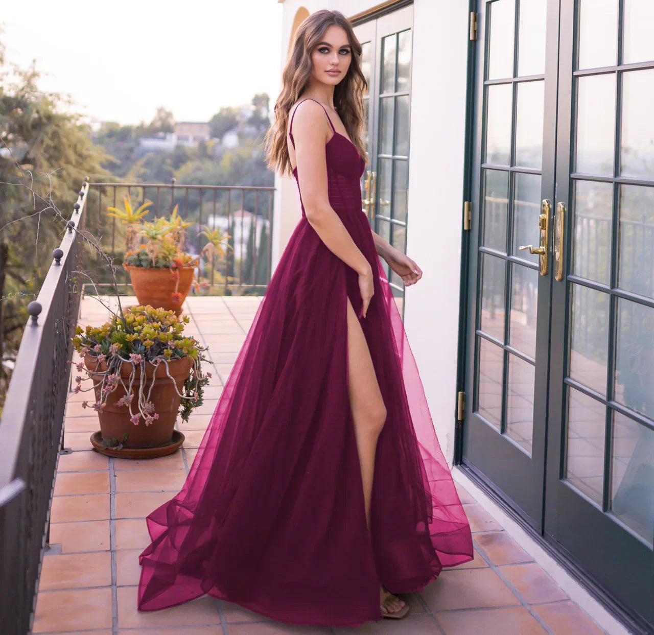 Yasmin Gown Mulberry Tulle A line Dress With Pleated Bodice
