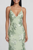 Sage Green Mermaid Floral Wedding Guest Dress with Lace up Back