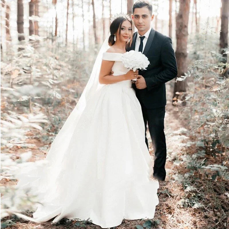 A Line Satin Sweep Train White Wedding Dress with Sleeveless