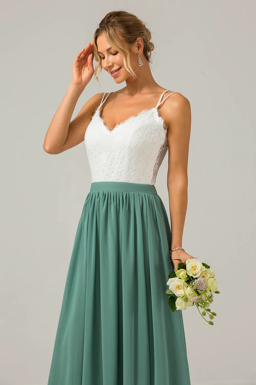 Eucalyptus A Line Spaghetti Straps Pleated Long Bridesmaid Dress With Lace