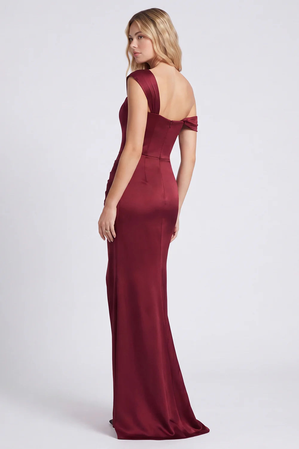 Off the Shoulder Mermaid Satin Burgundy Bridesmaid Dress with Slit