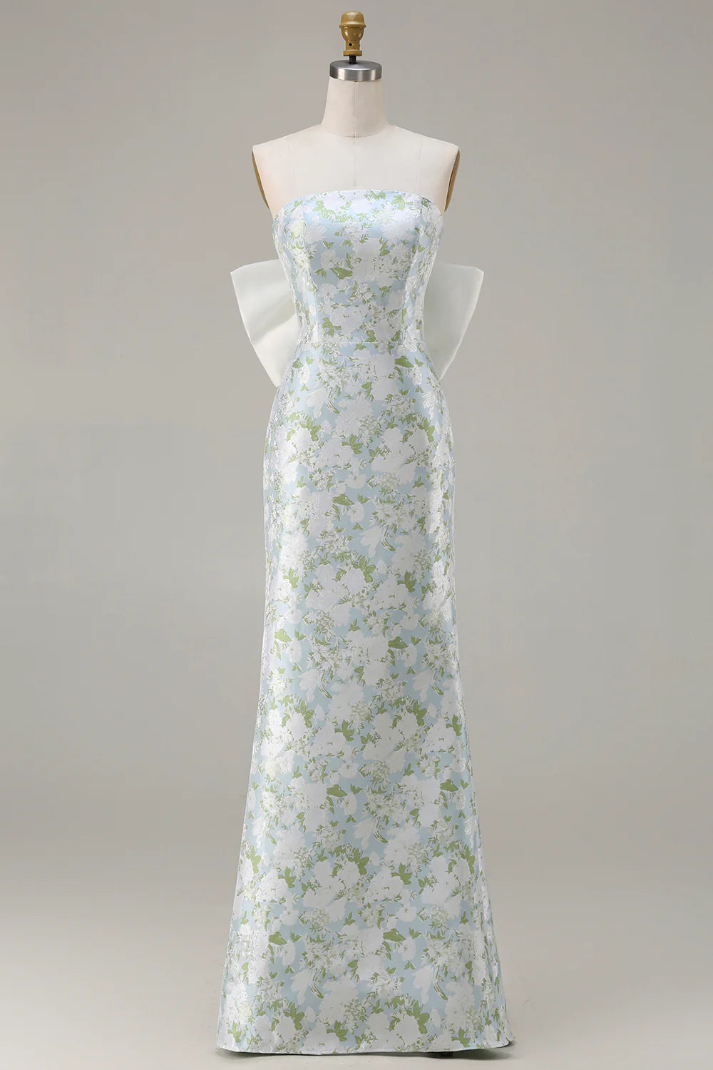 Sheath Strapless Blue White Flower Satin Long Bridesmaid Dress with Back Bow