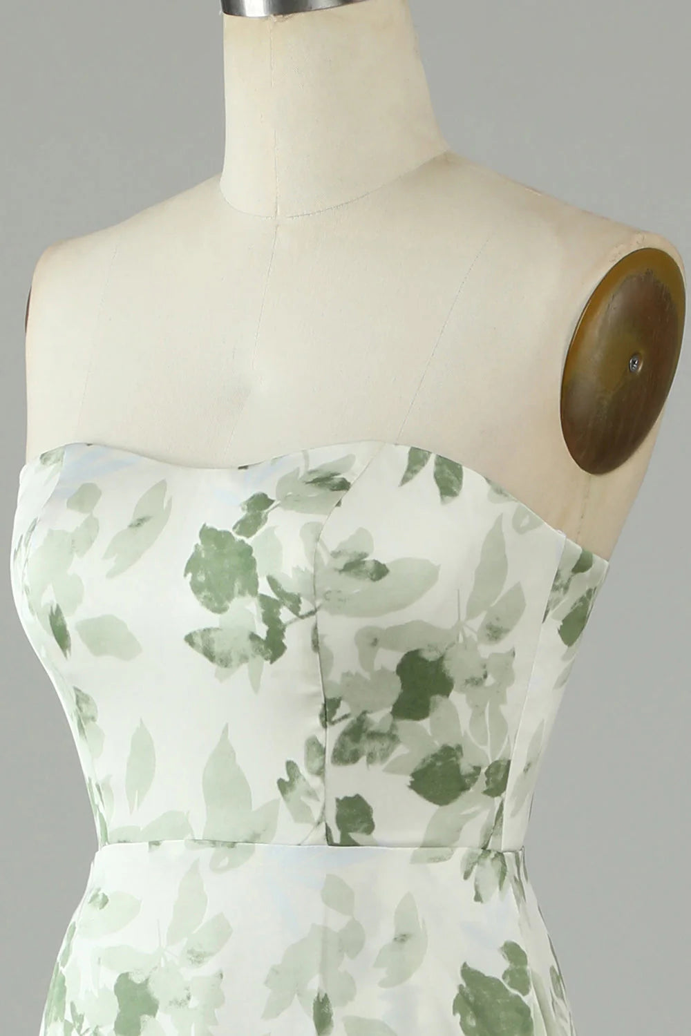 Green Asymmetrical Strapless Print High Low Bridesmaid Dress