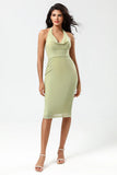 Dusty Sage Bodycon Halter Tea Length Cocktail Dress With Slit