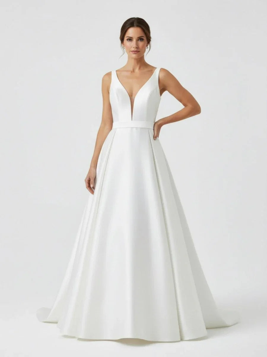 Ivory A Line Deep V Neck Long Wedding Dress with Bowknot