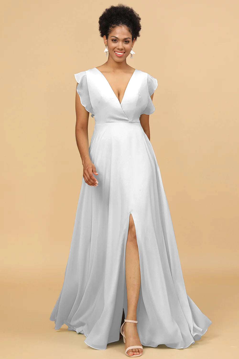A Line V Neck Floor Length Chiffon Bridesmaid Dress with Slit
