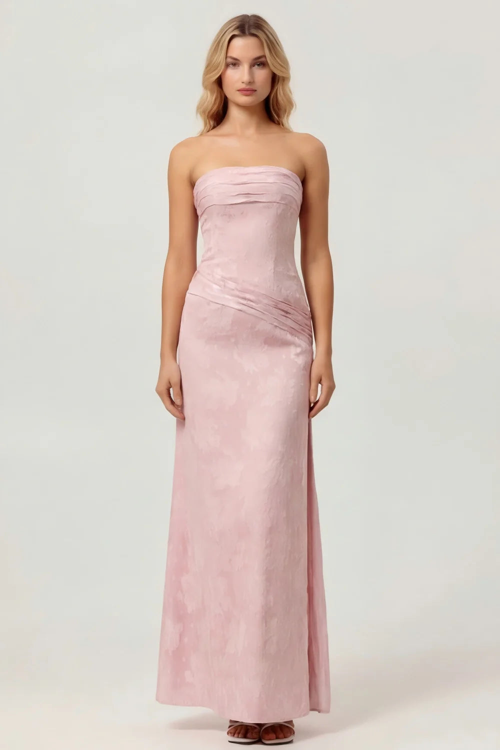 Sage Green Sheath Strapless Ruched Floral Jacquard Long Bridesmaid Dress with Side Slit