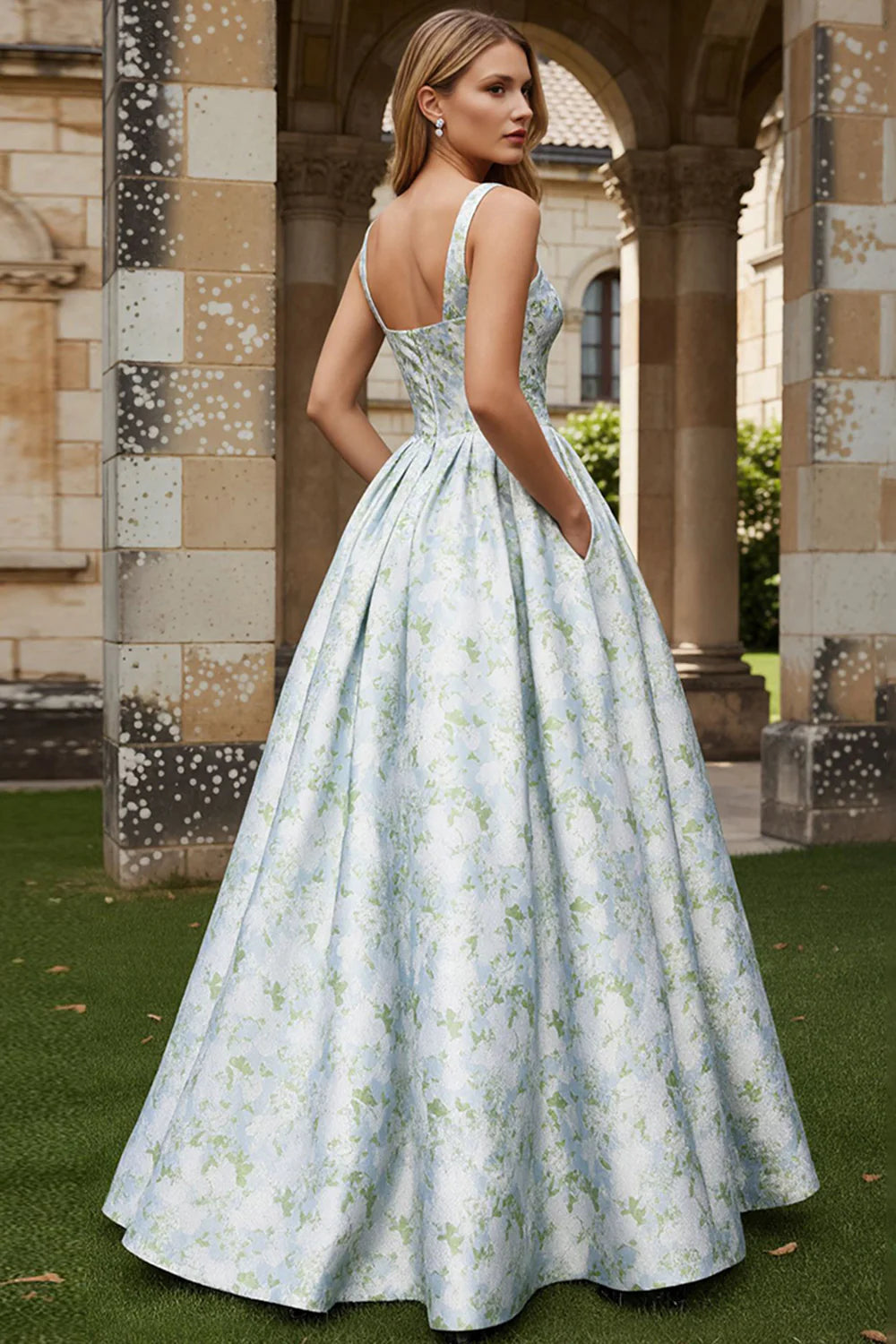 White Blue Flower A Line Printed Long Wedding Guest Dress