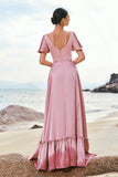 Blush Pink A Line V Neck Ruffle Sleeves Long Satin Bridesmaid Dress