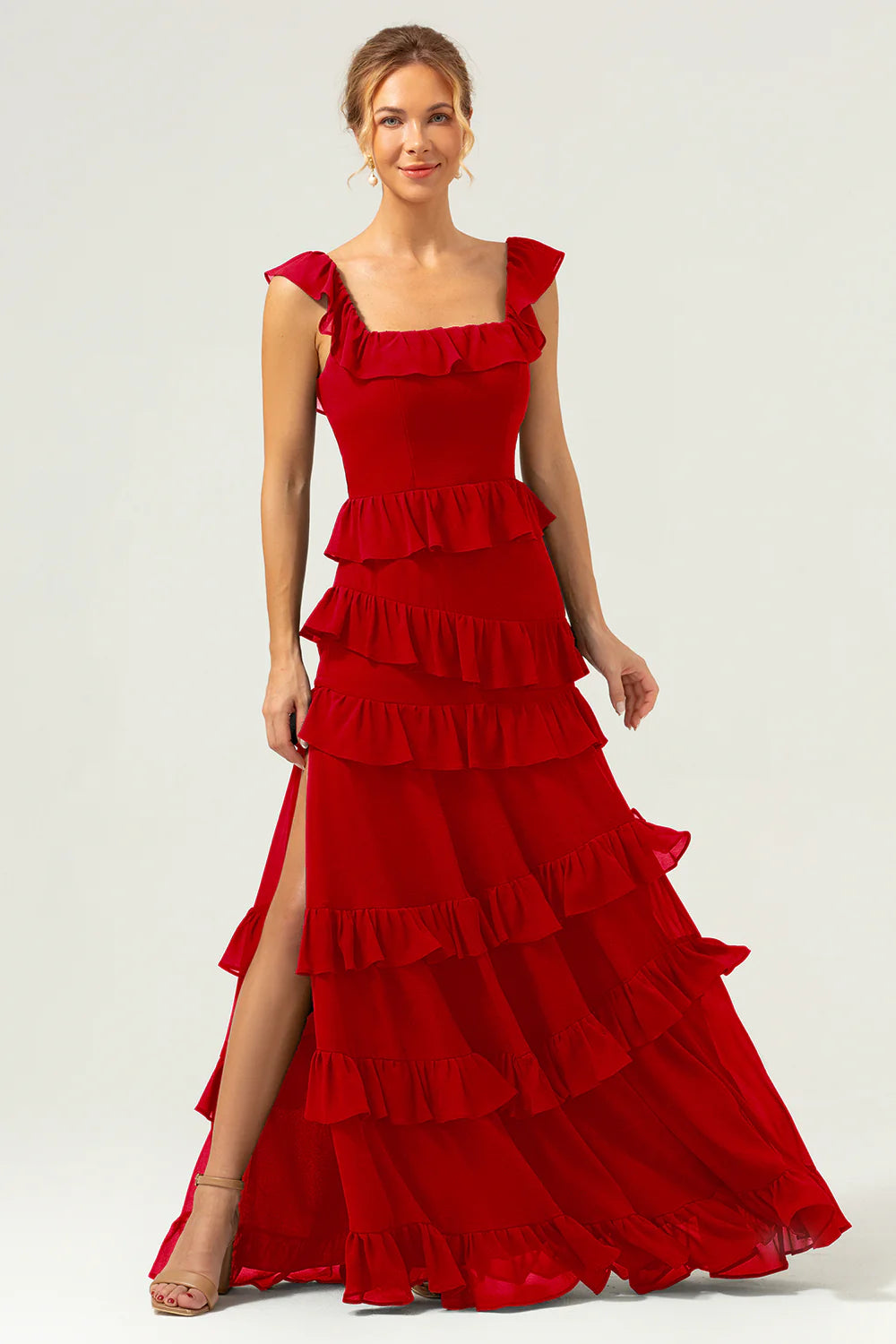 Dark Navy A Line Square Neck Tiered Long Bridesmaid Dress