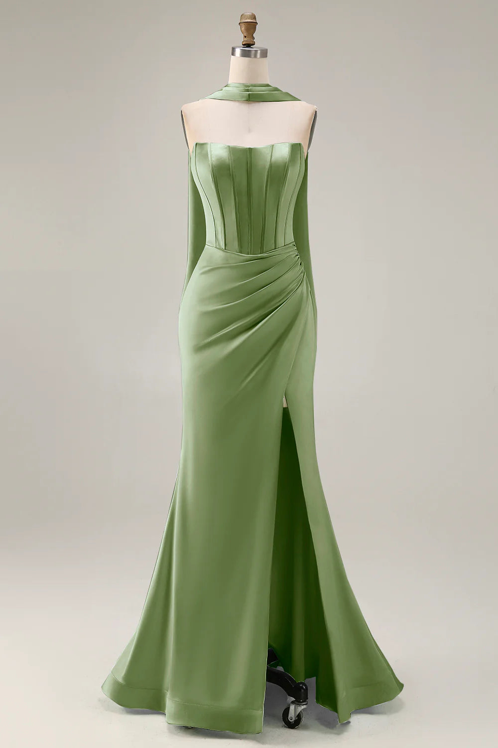 Light Green Strapless Mermaid Corset Ruched Long Prom Dress with Streamer