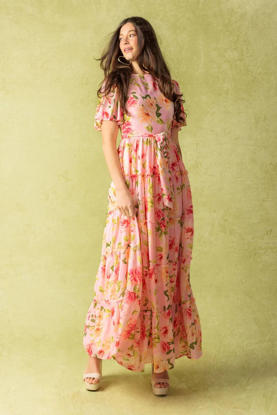 CARRIAGE RIDE ROMANCE PINK FLORAL MAXI DRESS