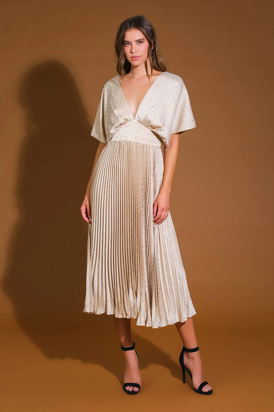 TIMELESS REPEAT PLEATED SATIN MIDI DRESS