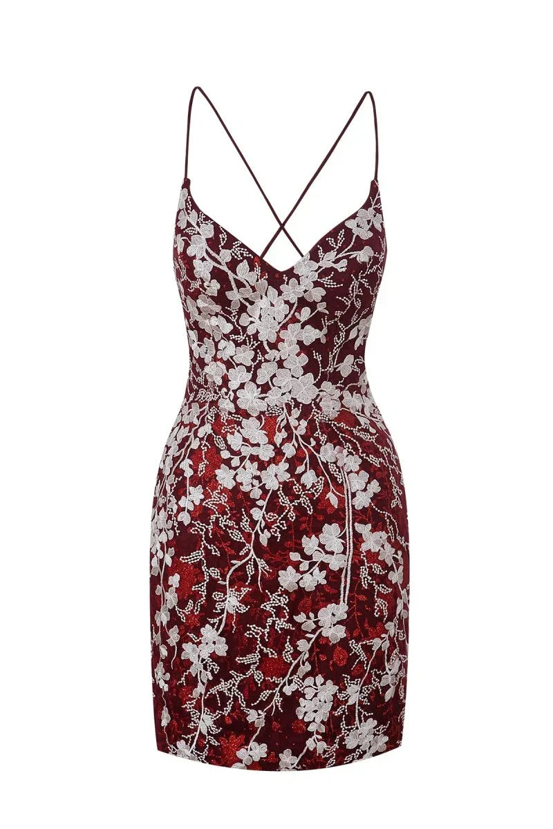 Sheath Short Spaghetti Straps Lace Homecoming Dress
