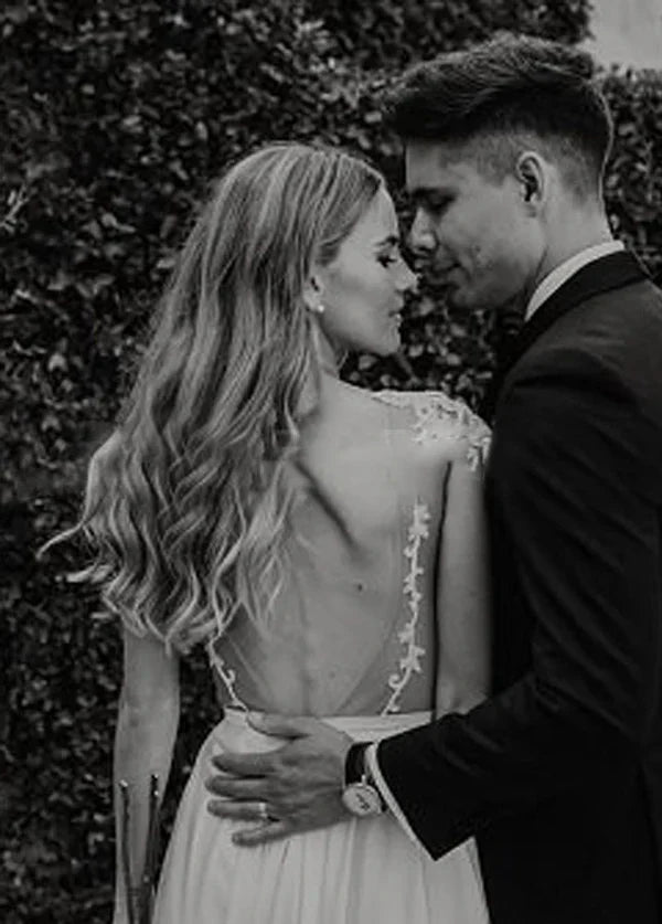 A Line Cap Sleeve Long Backless Wedding Dresses with Appliques